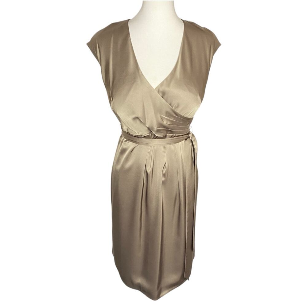 J. Crew Cecelia Dress 65531 Taupe Champagne Satin V-Neck Cap Sleeve Midi Size 12